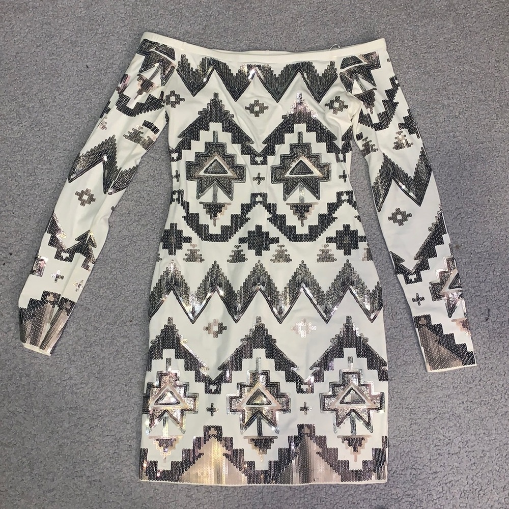 Aztec off the shoulder mini dress